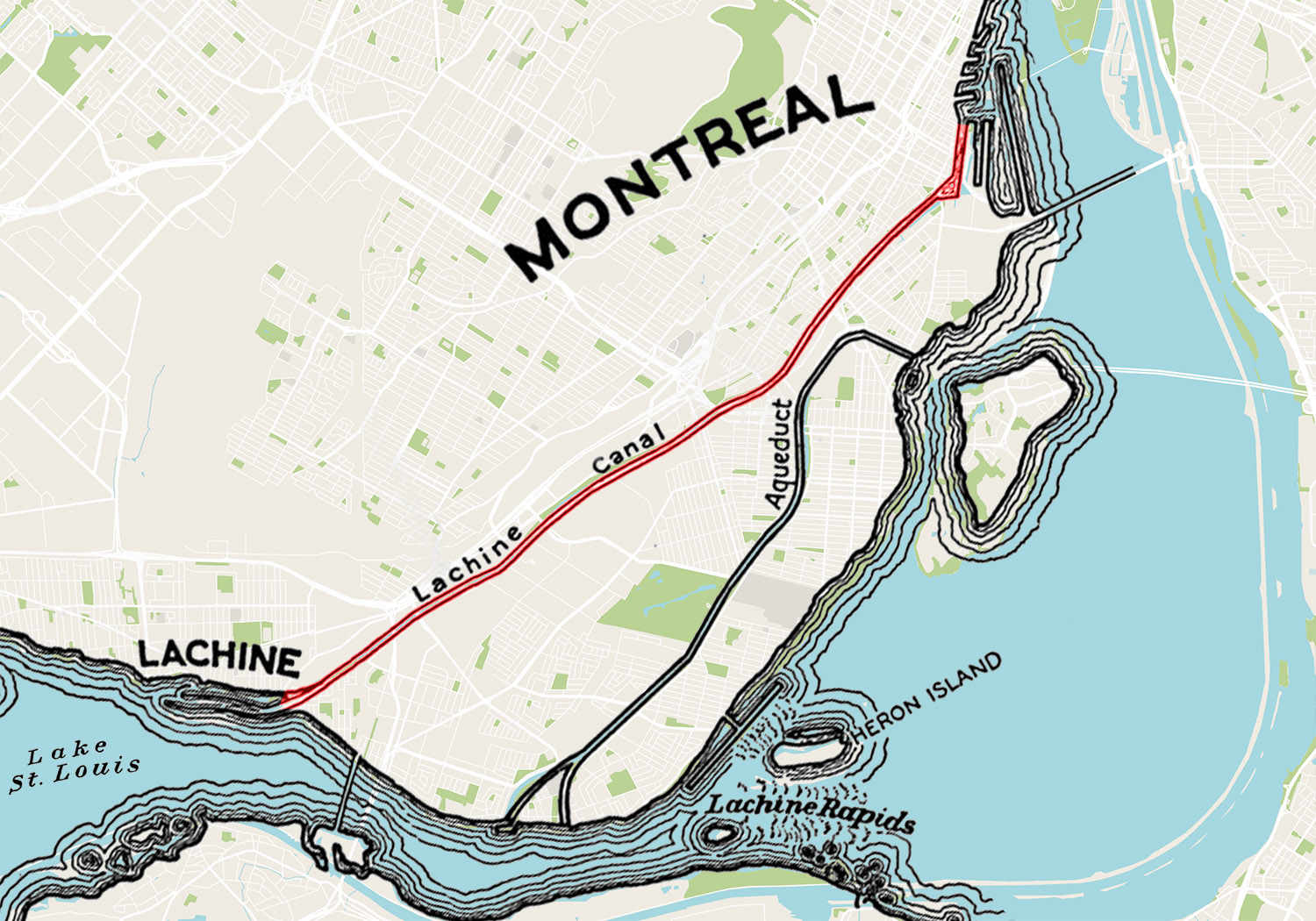 An old drawing of the Lachine Canal overlaid on a modern map of Montreal.